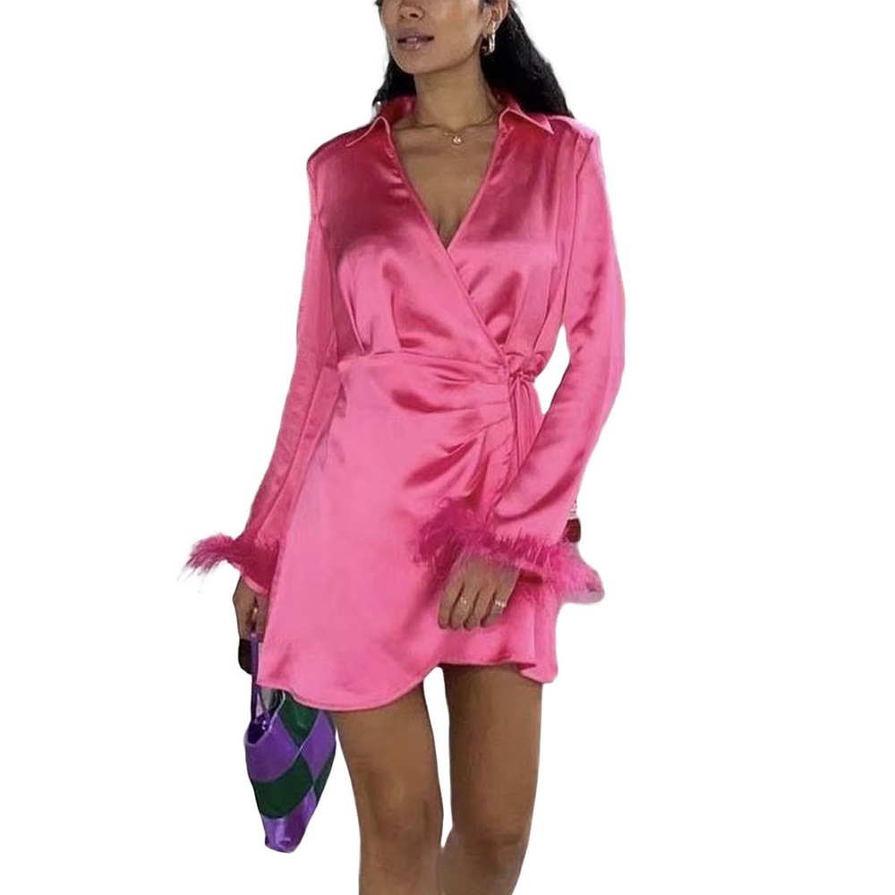Faux Fur Mini Dress Slim Short Satin Dress